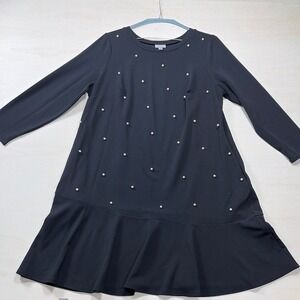 Avenue Black Faux Pearl Embellished Long Sleeve Ruffle Hem Dress Plus Size 18/20
